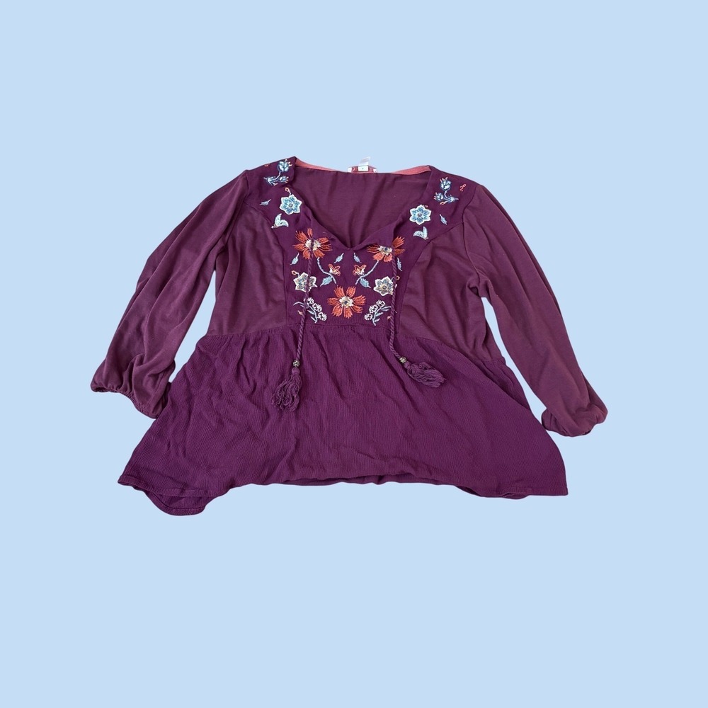 C&B Established 1962 Plum Purple Embroidered Boho Tassel Blouse Top Large